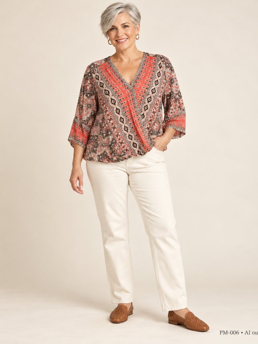 Westport XL Coral Brown Paisley Faux-Wrap V-Neck Top